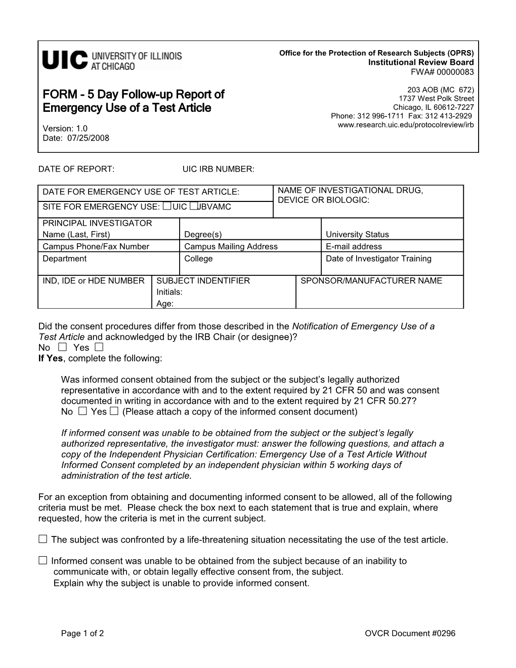 Date of Report:Uic Irb Number