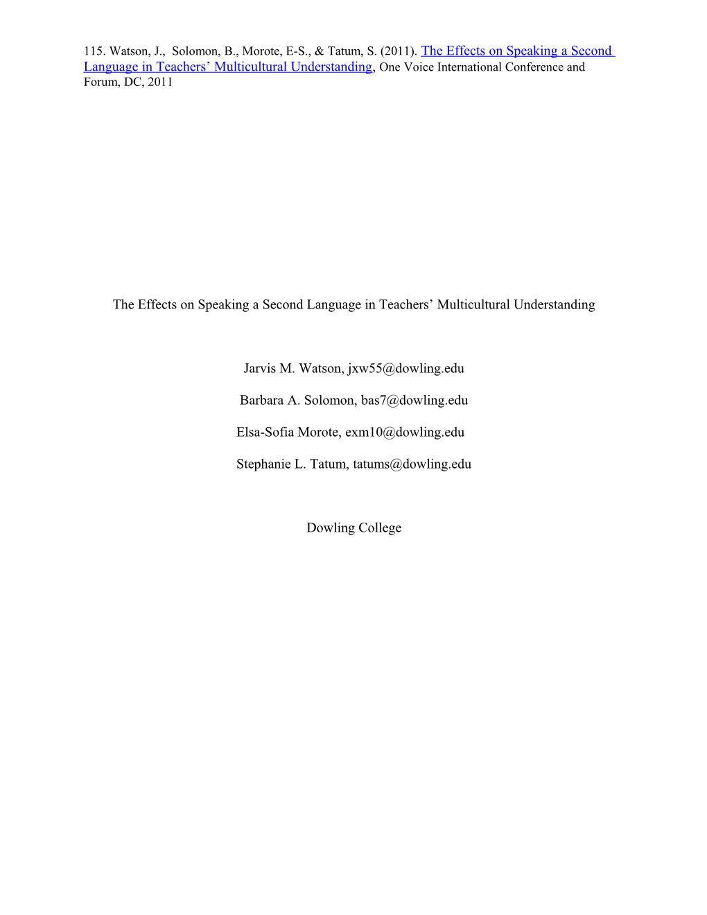 The Effects on Speaking a Second Language in Teachers Multicultural Understanding