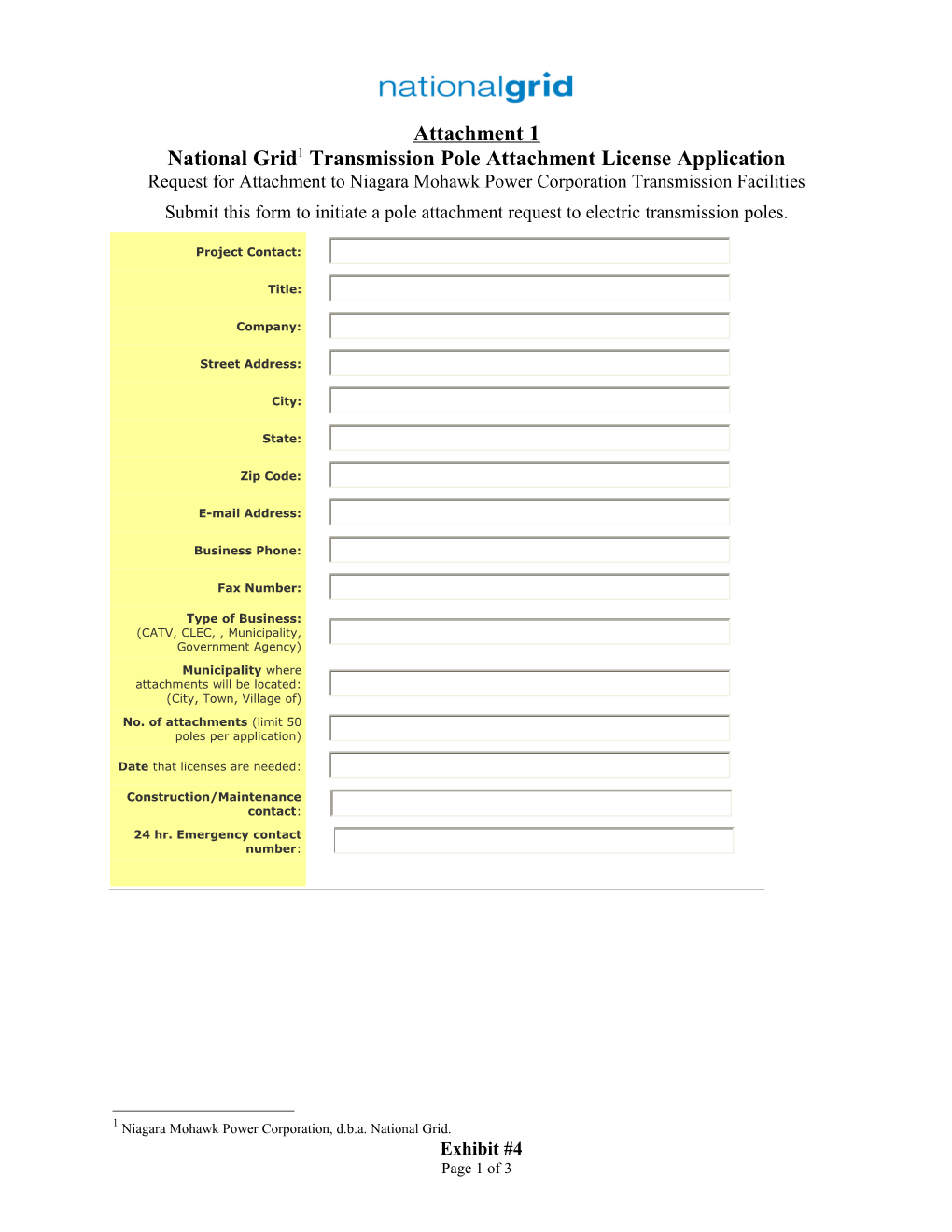 National Grid 1 Transmission Pole Attachment License Application