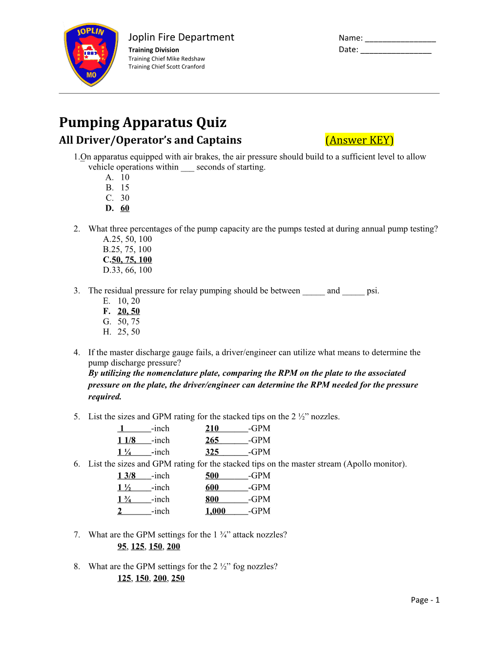 All Driver/Operator S and Captains(Answer KEY)