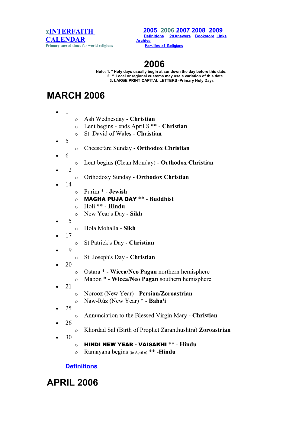 Xinterfaith CALENDAR Primary Sacred Times for World Religions