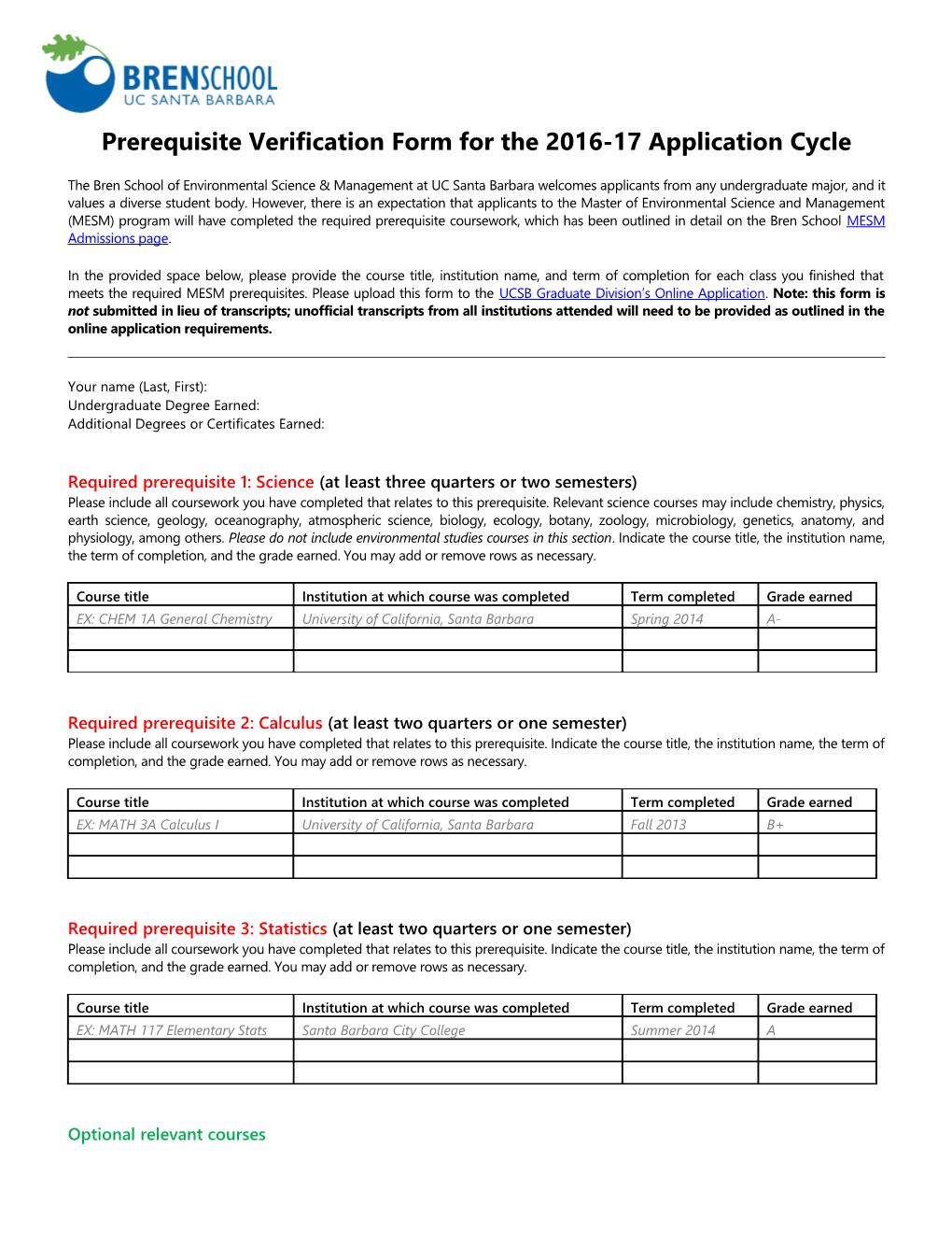 Prerequisite Verification Form for the 2016-17 Application Cycle