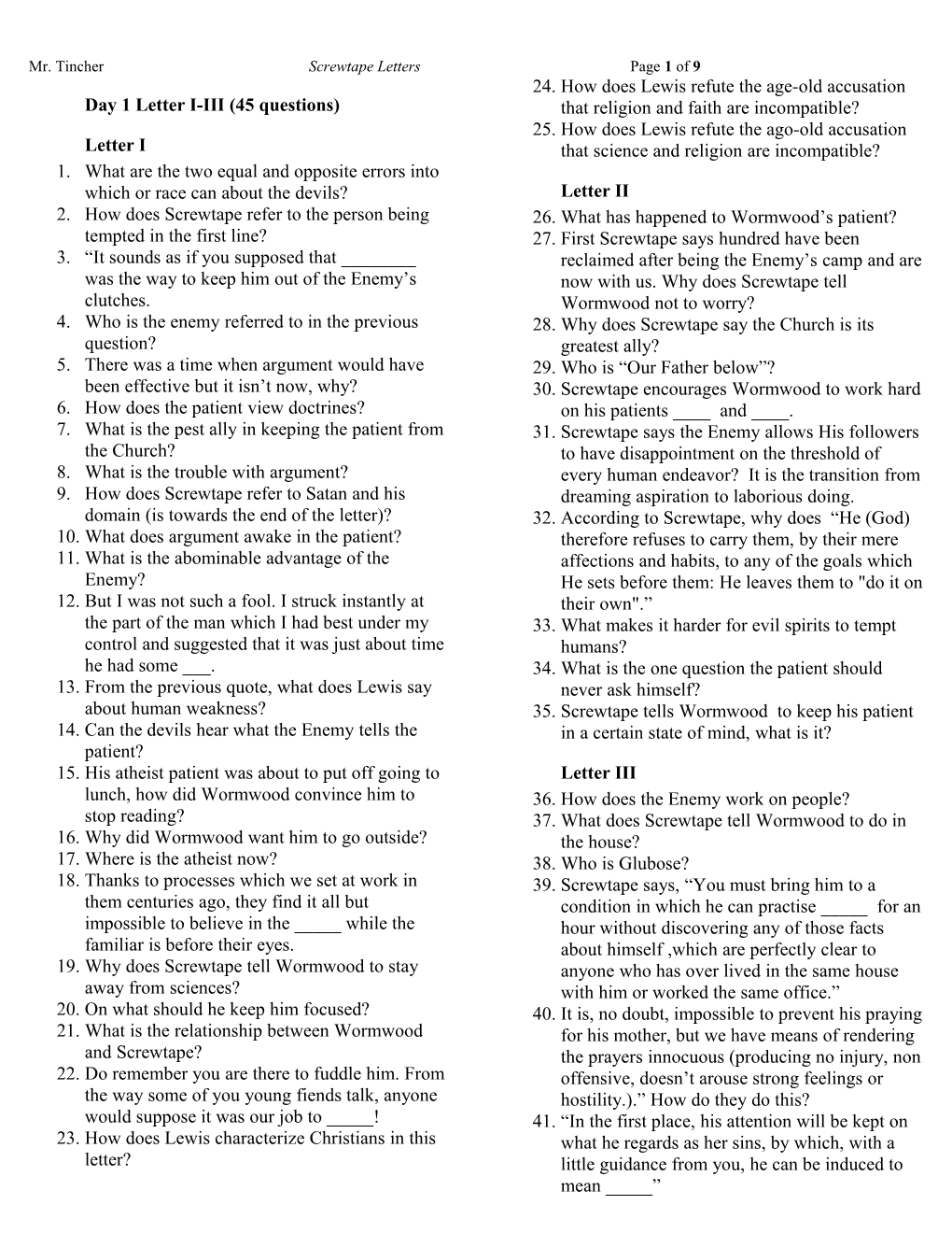 Day 1 Letter I-III (45 Questions)