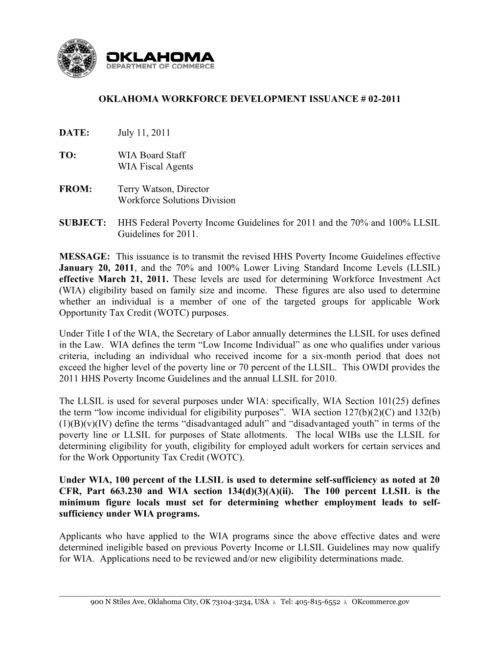 Oklahoma Workforce Development Issuance # 02-2011