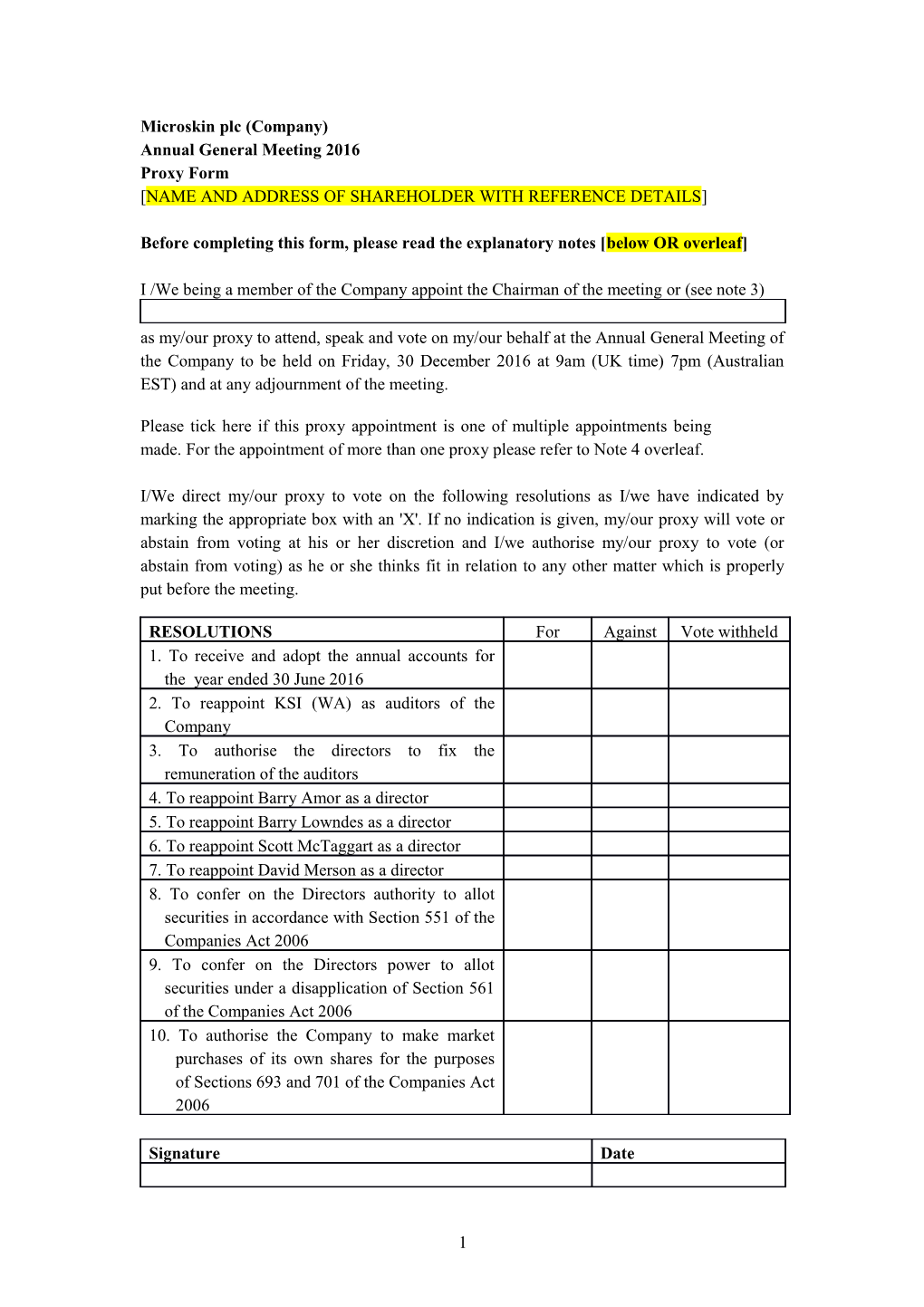 Proxy Form: Listed Company