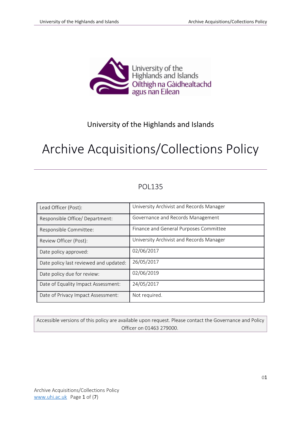 Archive Acquisitions/Collections Policy