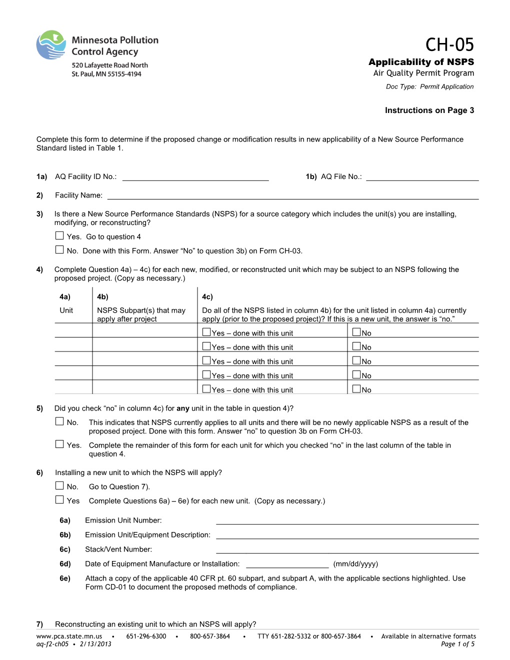 CH-05 Applicability of NSPS - Air Quality Permit Program - Form