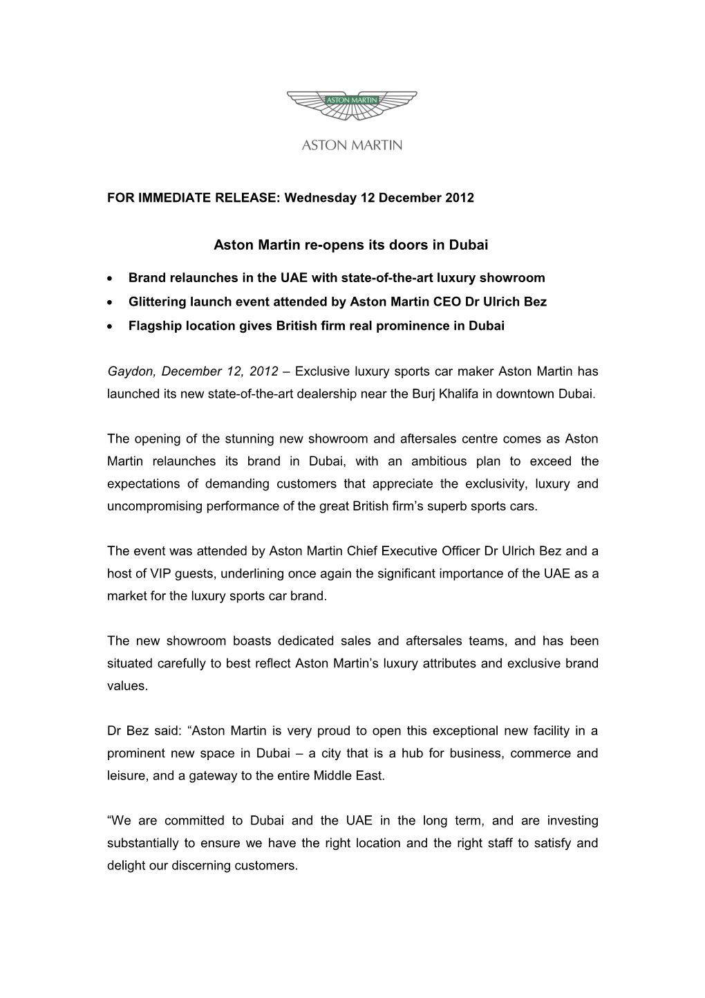 FOR IMMEDIATE RELEASE: Wednesday 12 December 2012