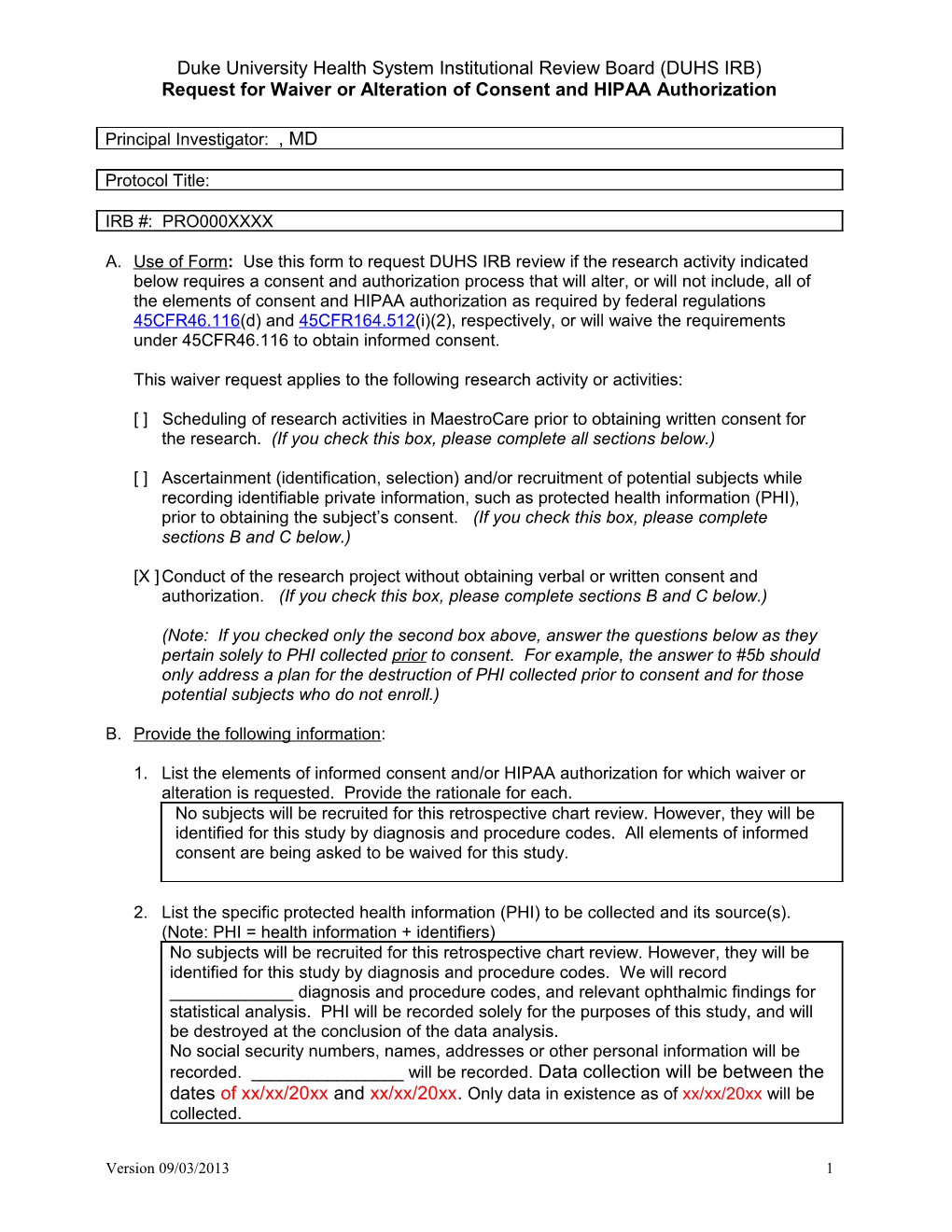 Request for Waiver Or Alteration of Consent and Authorization DRAFT
