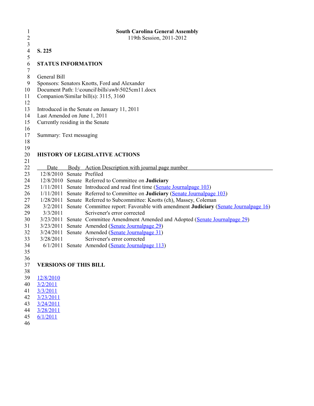 2011-2012 Bill 225: Text Messaging - South Carolina Legislature Online