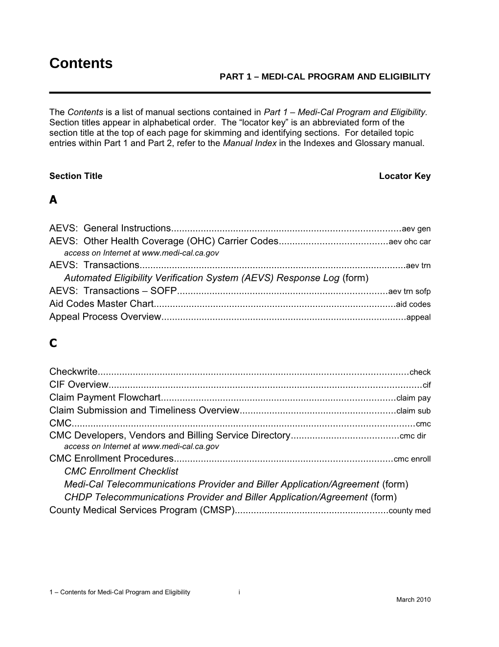 Contents Part 1 Medi-Cal Program and Eligibility (1Toc)