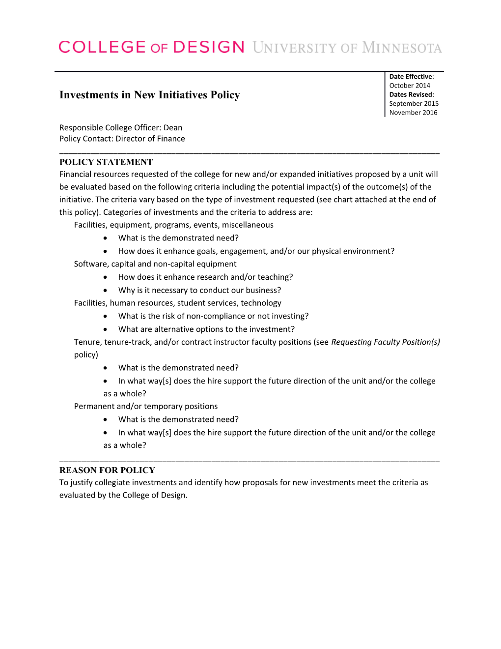 College of Design Initiatives Investment Policypage 1