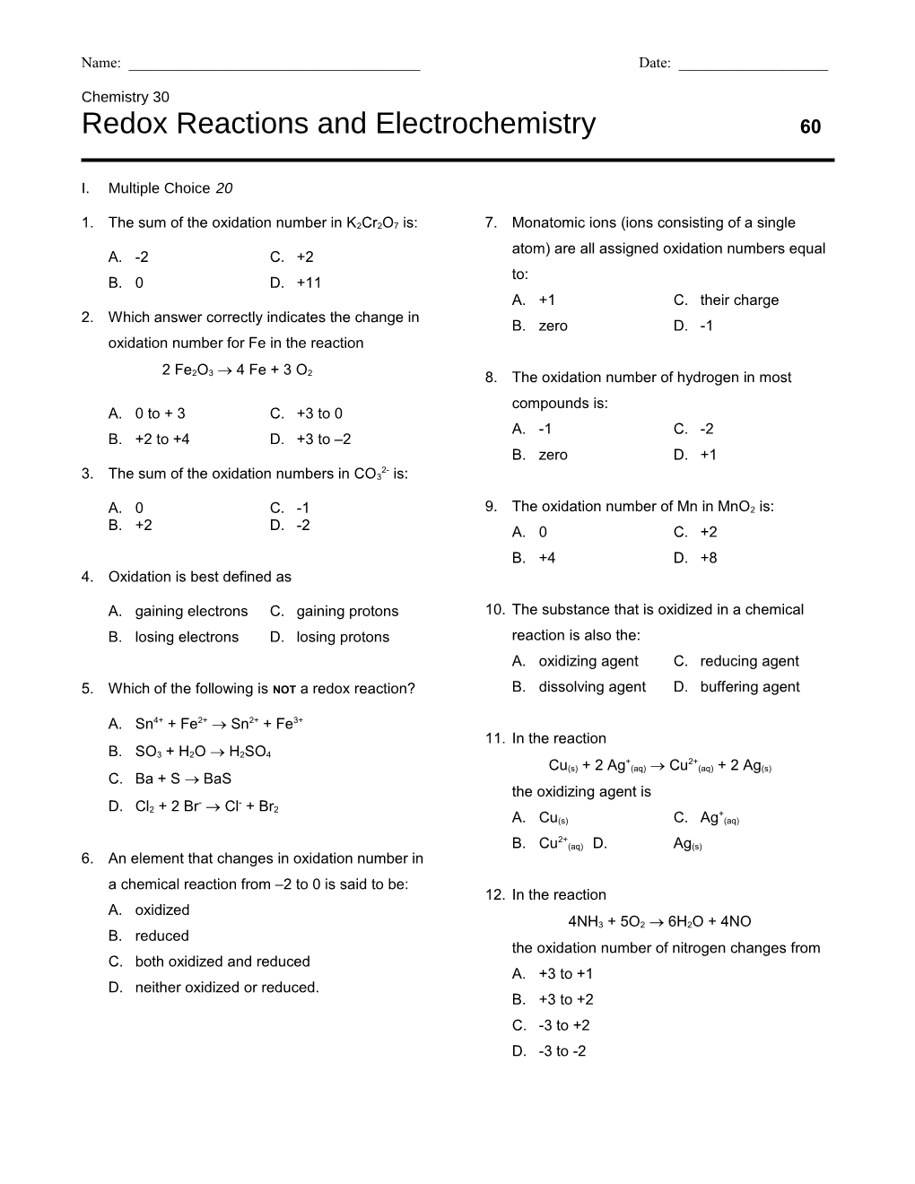 Redox Reactions and Electrochemistry60