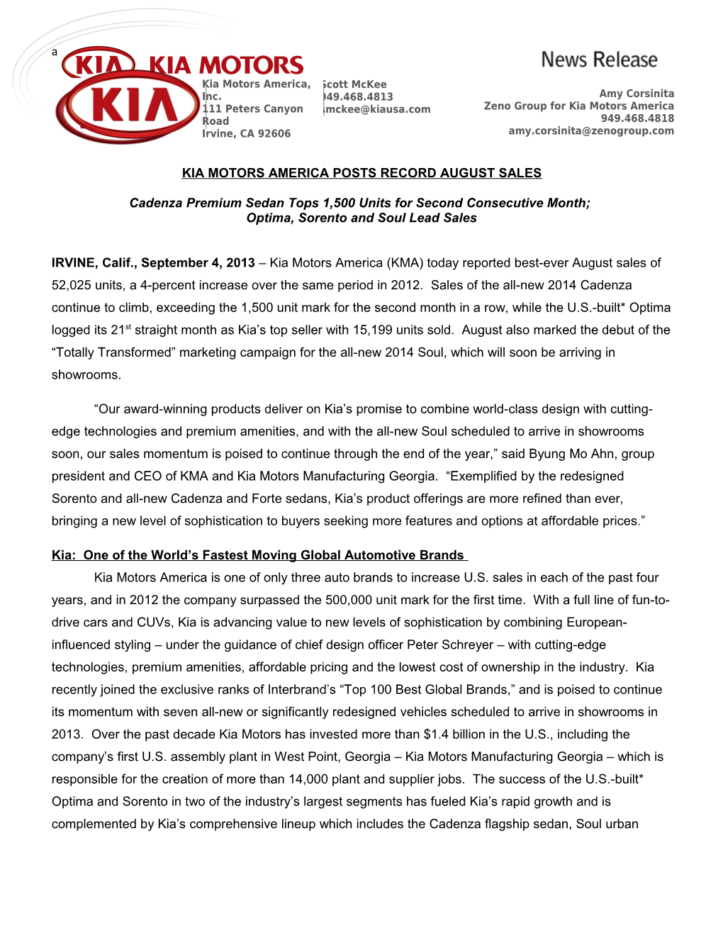 Kia Motors America Posts Record August Sales