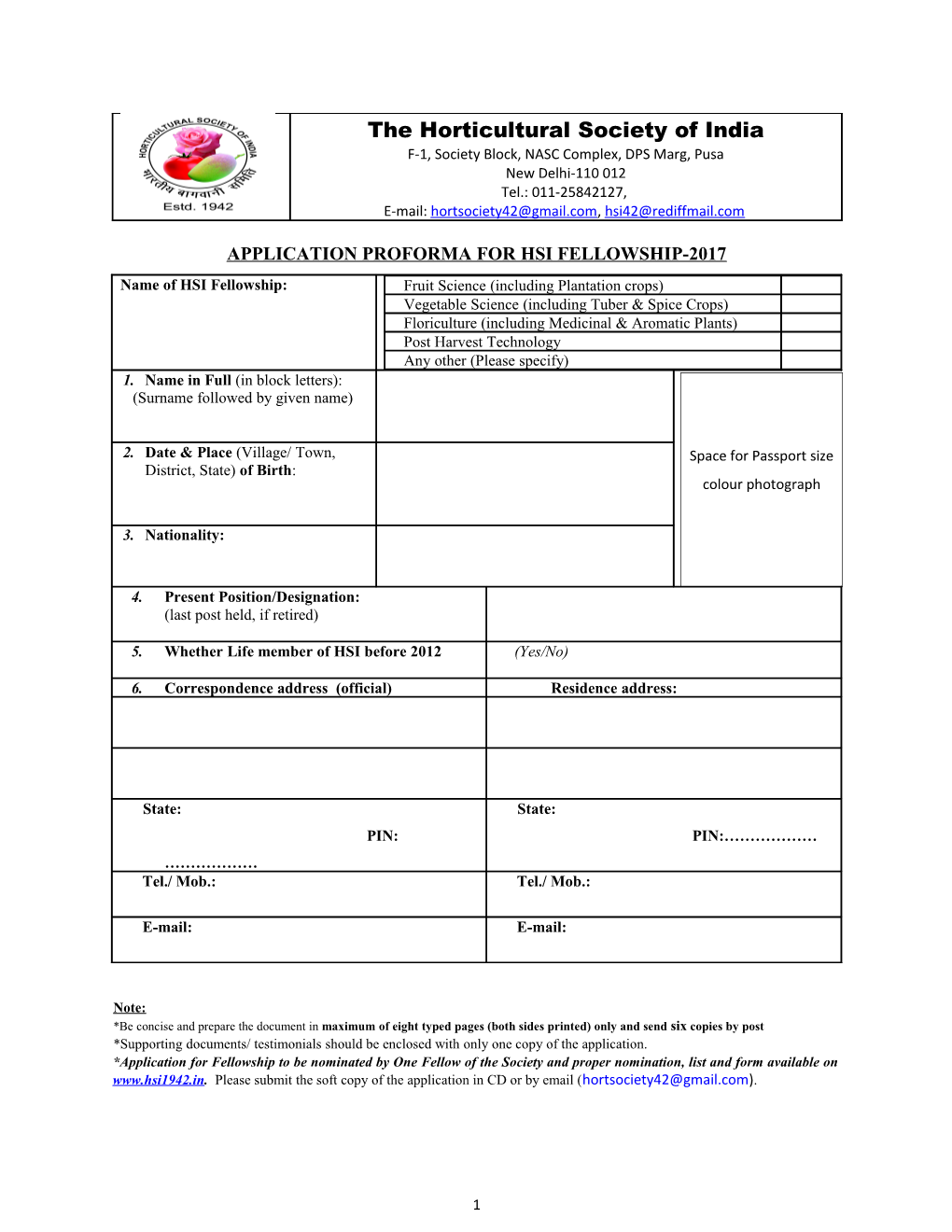 Application Proforma for Hsi Fellowship-2017