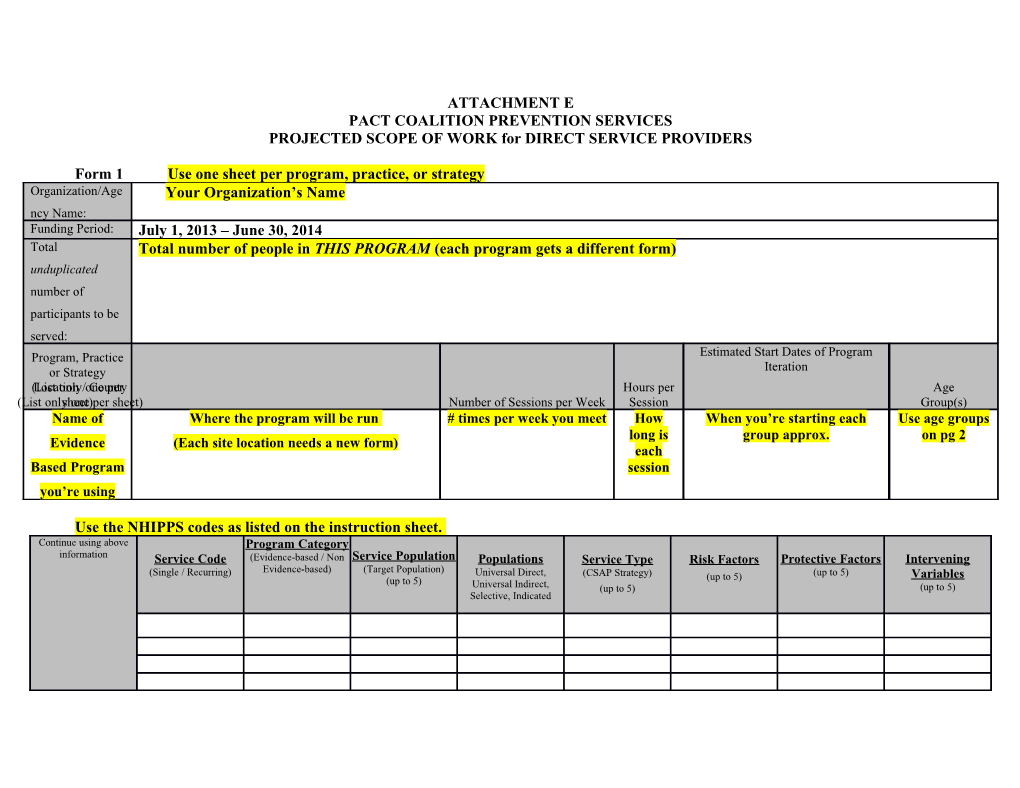 PROJECTED SCOPE of WORK for DIRECT SERVICE PROVIDERS