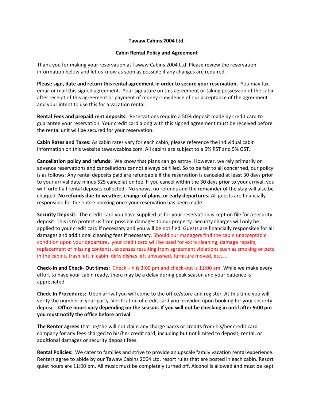 Cabin Rental Policy and Agreement