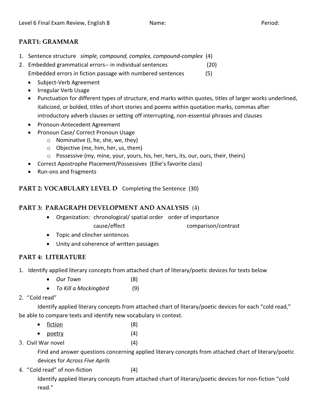 Level 6 Final Exam Review, English 8Name:Period