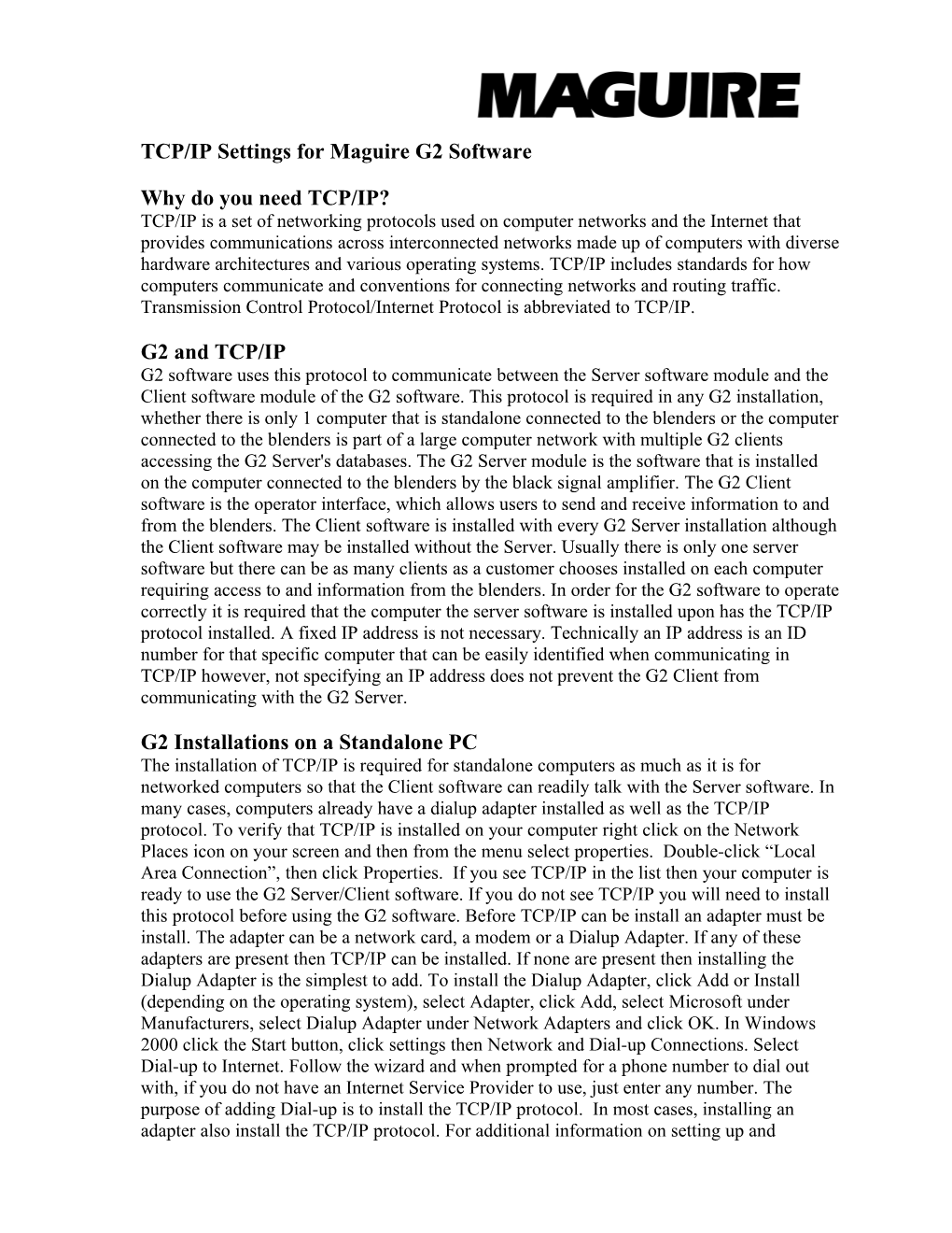 TCP/IP Settings for Maguire G2 Software Windows 95, 98, 2000, ME