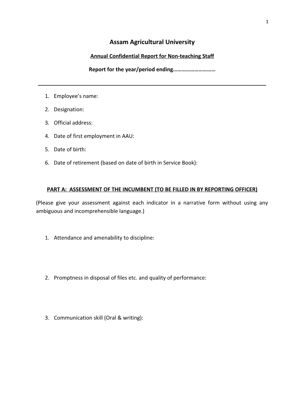 Annual Confidential Report for Non-Teaching Staff