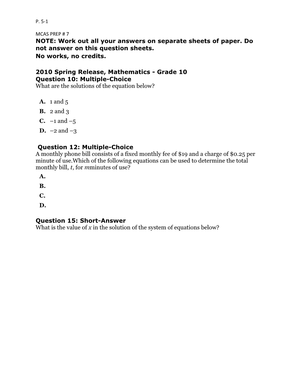 Work out All Your Answers on Separate Sheets of Paper