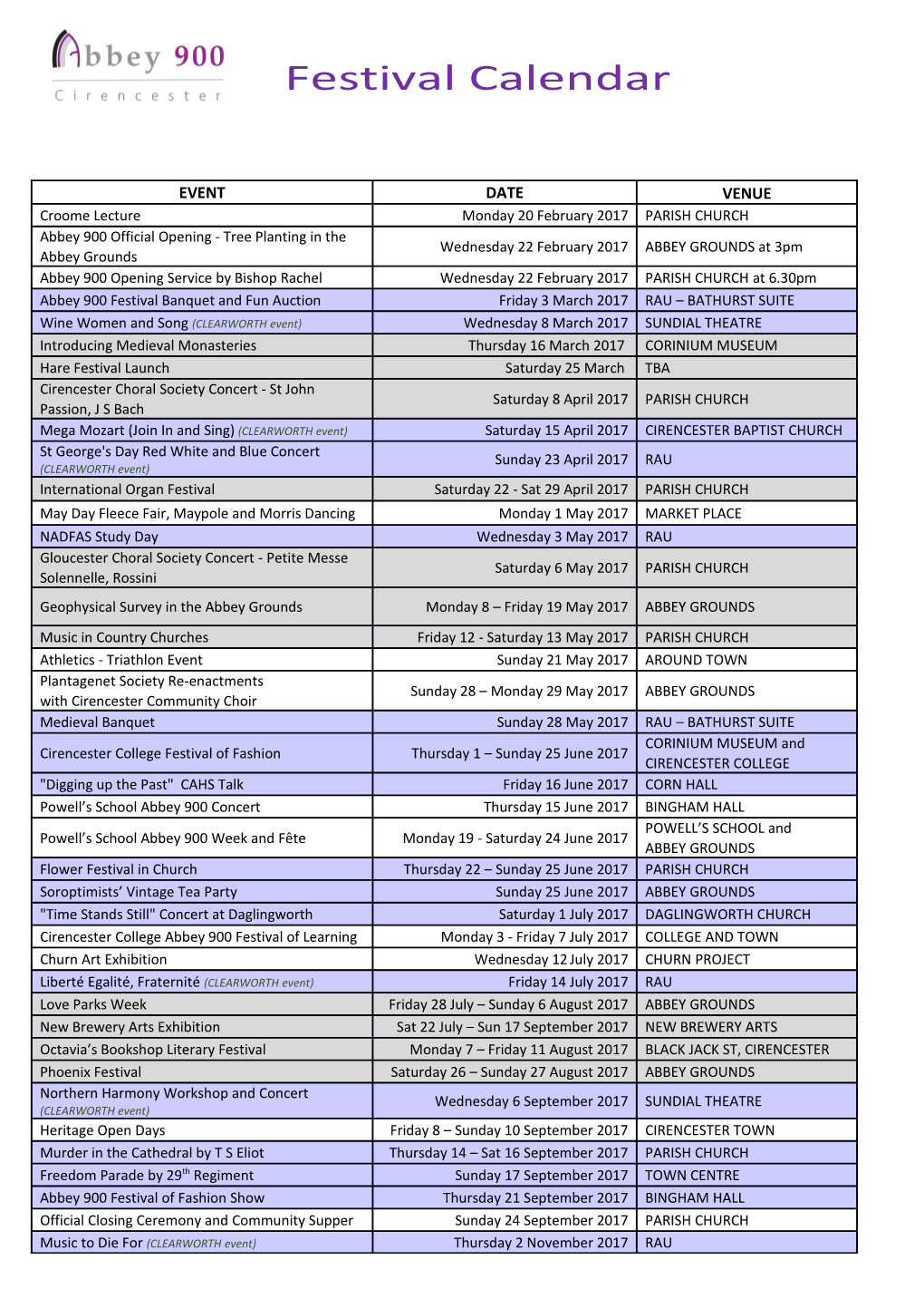 Festival Calendar