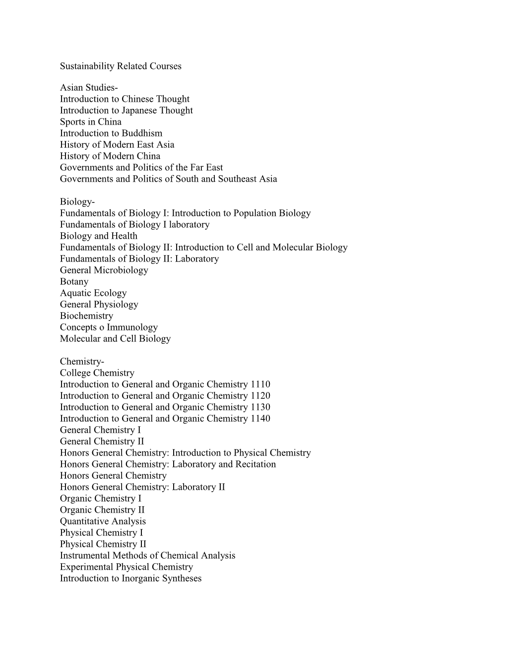 Sustainability Related Courses