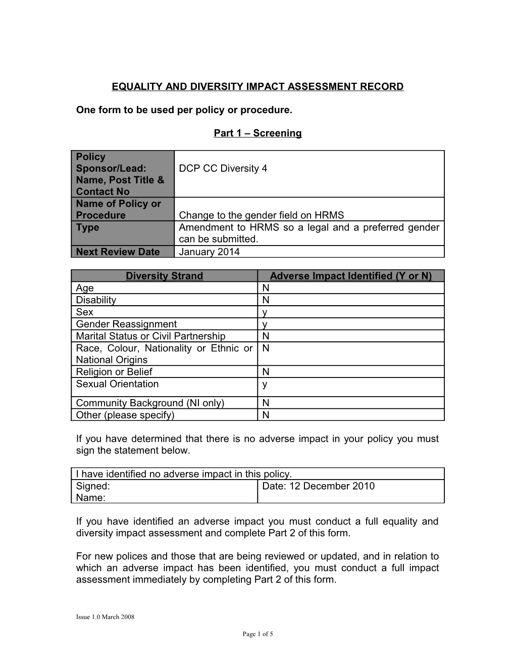 Equality and Diversity Impact Assessment Record