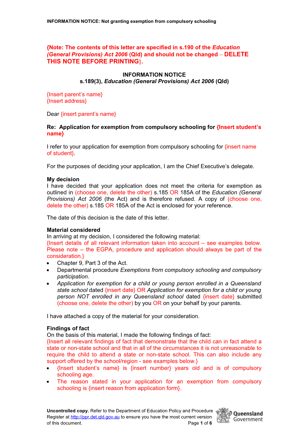 Information Notice - Not Granting Exemption from Compulsory Schooling