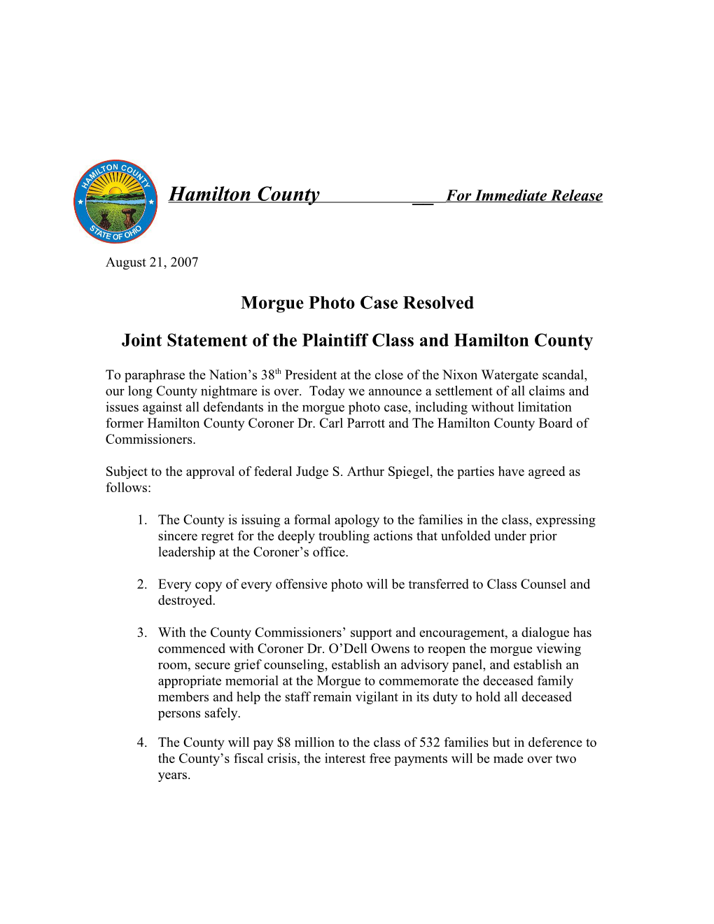 Joint Statement of the Plaintiff Class and Hamiltoncounty