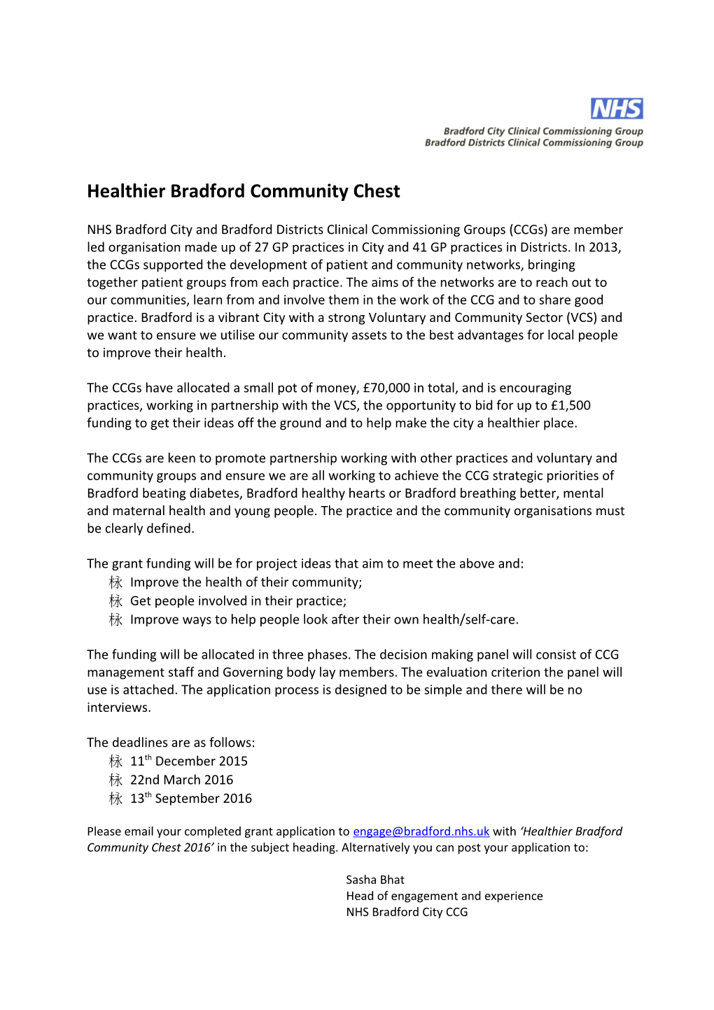 Healthier Bradford Community Chest