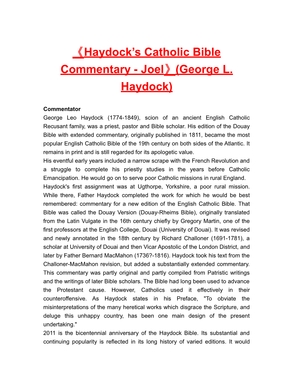 Haydock Scatholic Bible Commentary-Joel (George L. Haydock)