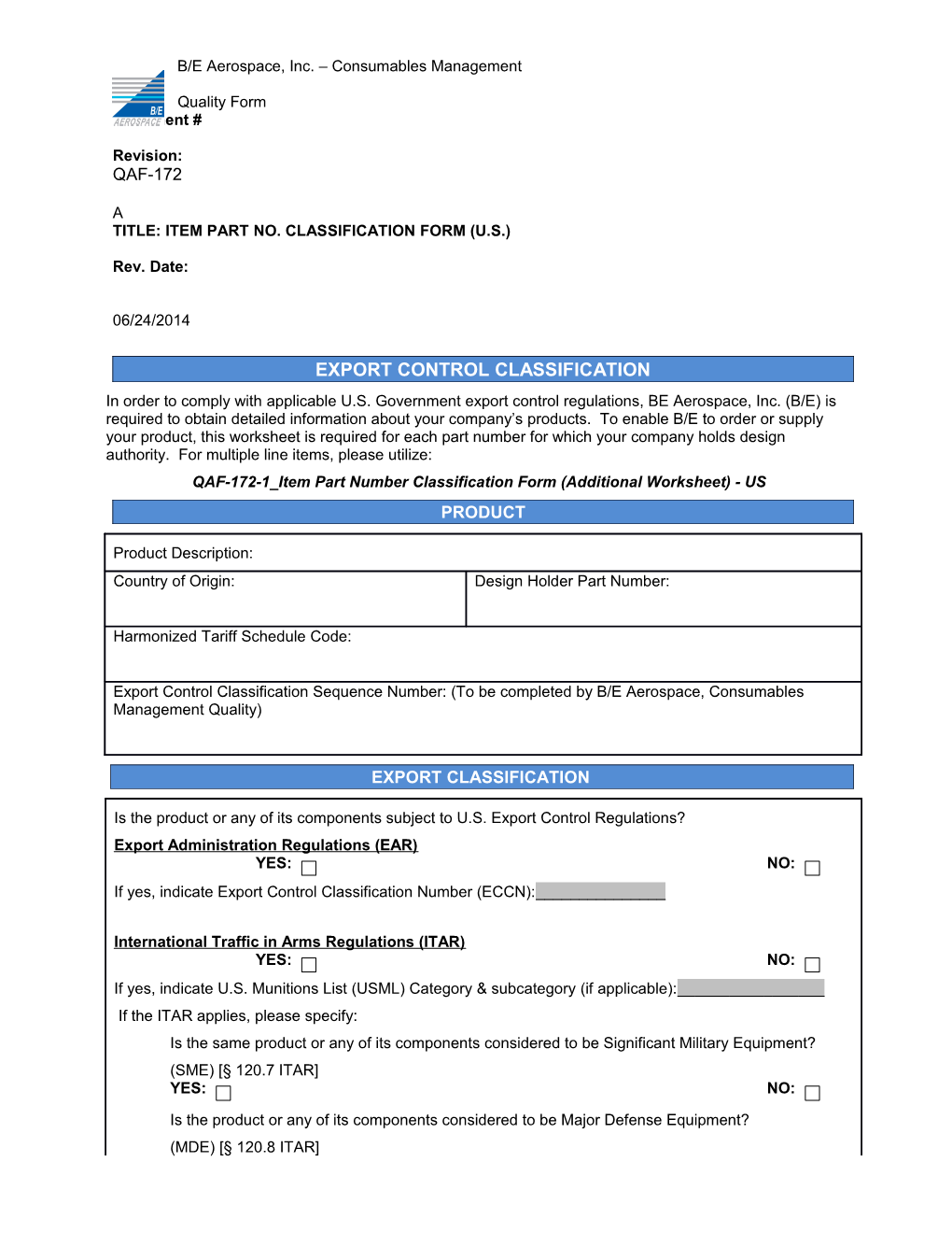 QAF-172-1 Item Part Number Classification Form (Additional Worksheet) - US