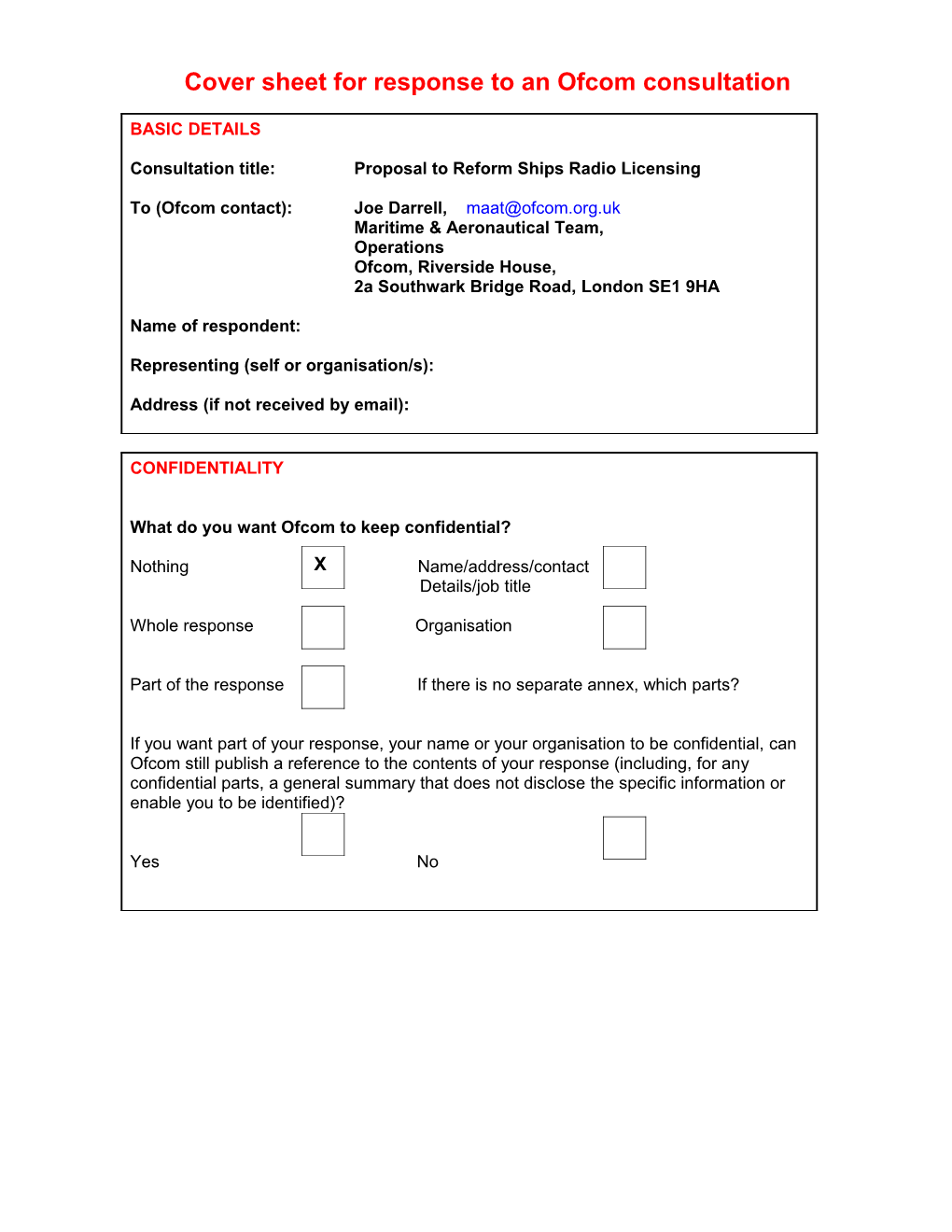 Ships Radio Licensing Reply Sheet for Ofcom Consultation