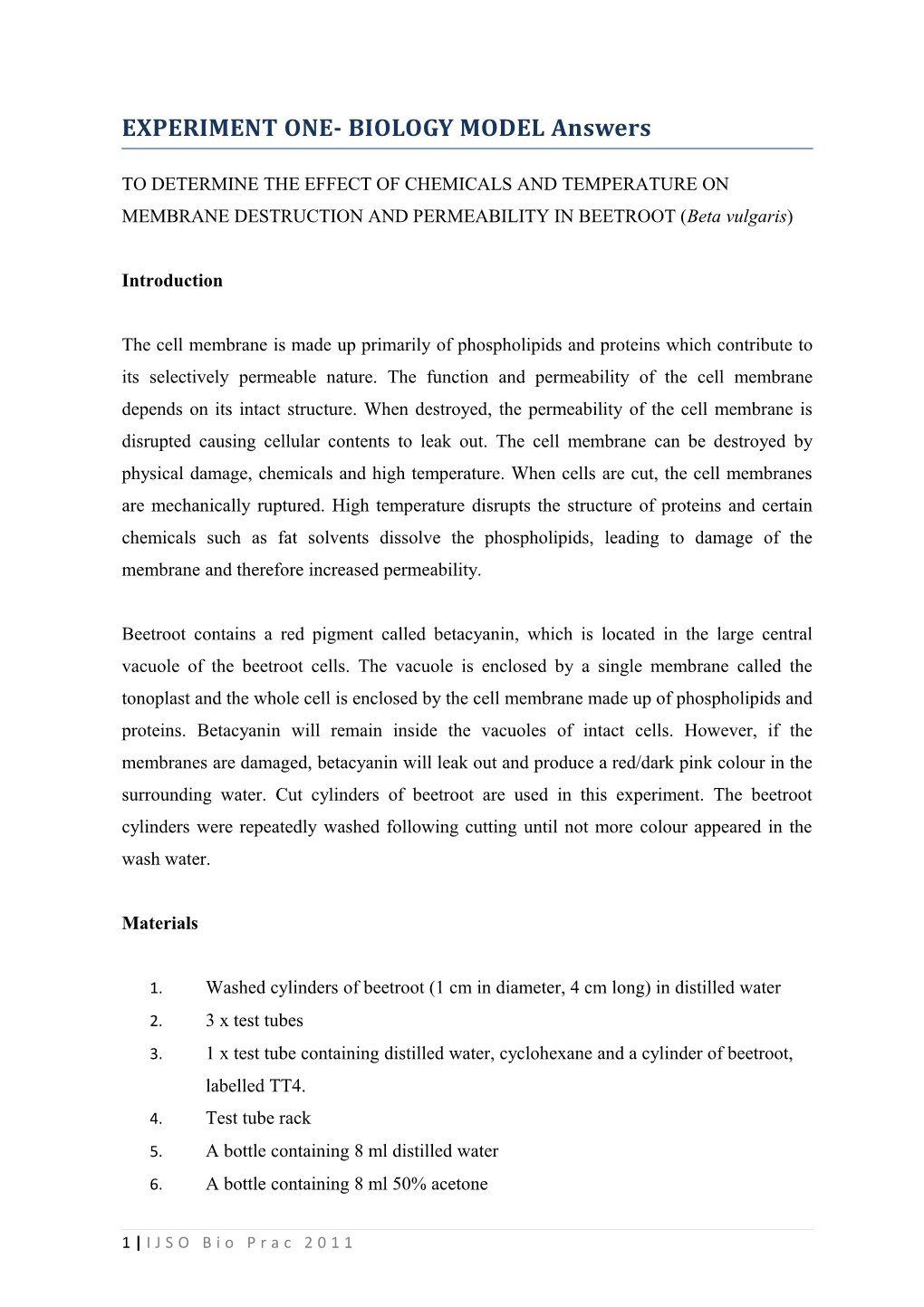 EXPERIMENT ONE- BIOLOGYMODEL Answers