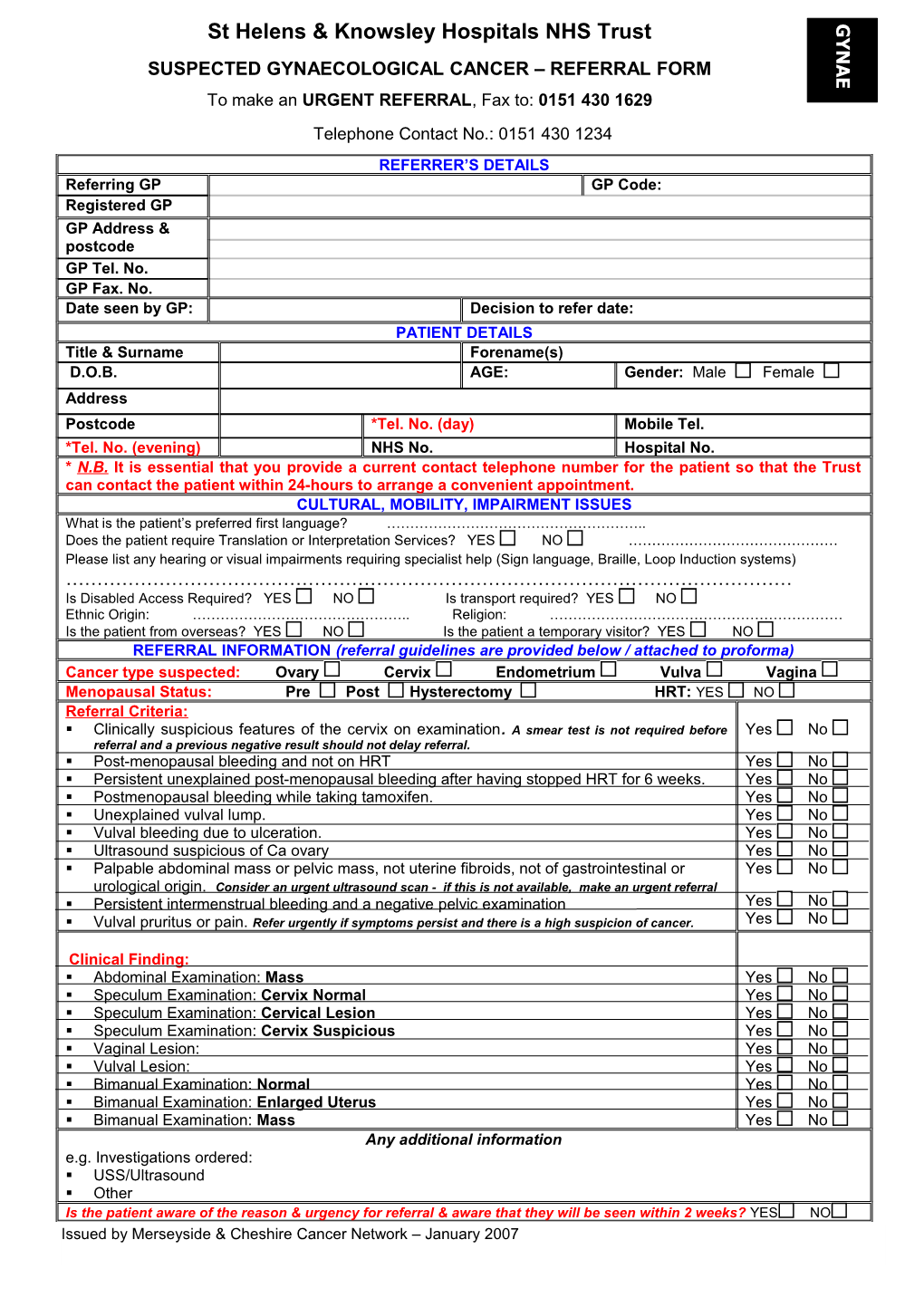 Suspected Gynaecological Cancer Referral Form
