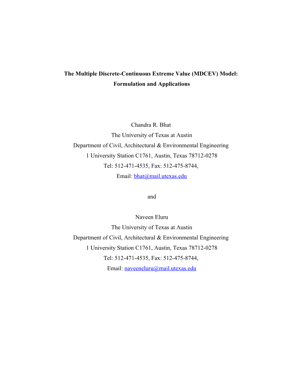 Themultiple Discrete-Continuous Extreme Value (MDCEV) Model