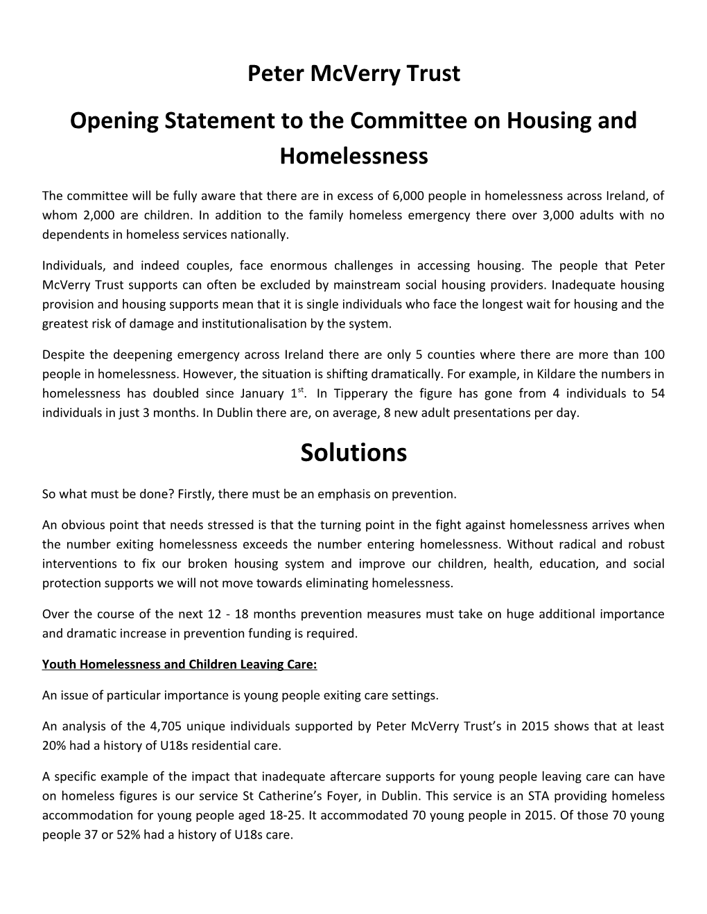 Opening Statement to the Committee on Housing and Homelessness