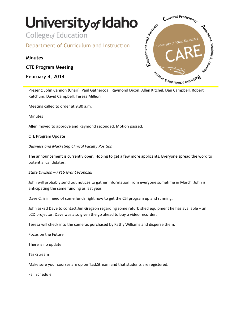 Curriculum & Instruction/ CTE Program Meeting/February 4, 20141