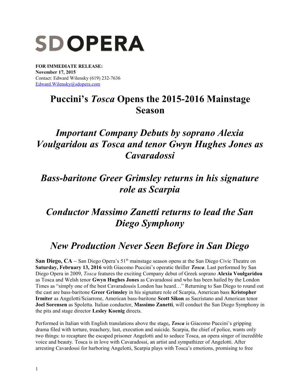 Puccini S Toscaopens the 2015-2016 Mainstage Season