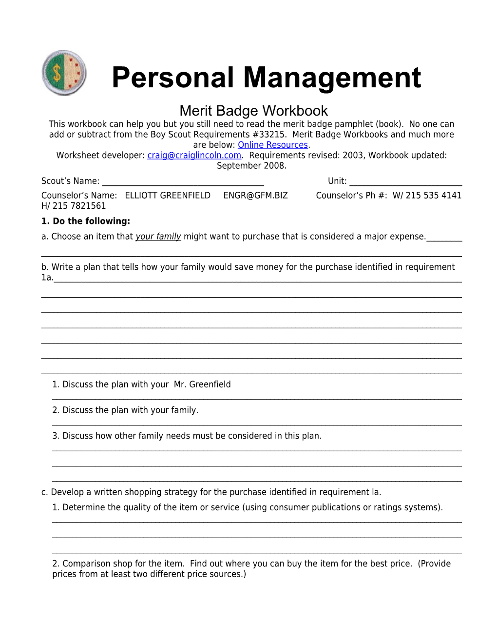 Personal Management P. 1 Merit Badge Workbookscout S Name: ______