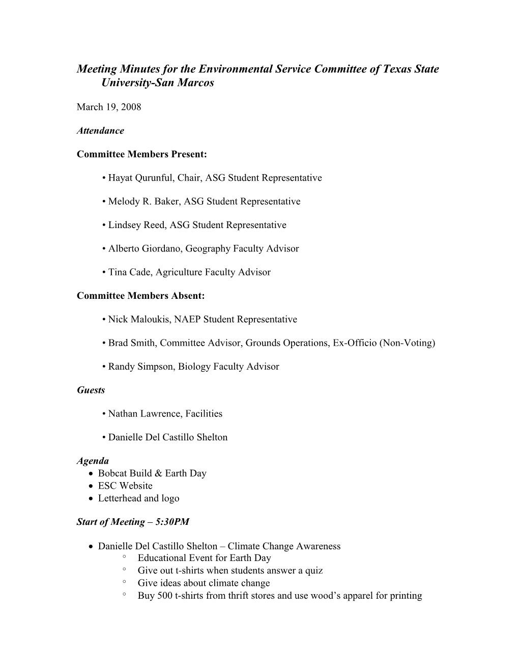 Meeting Minutes for the Environmental Service Committee of Texas State University-San Marcos