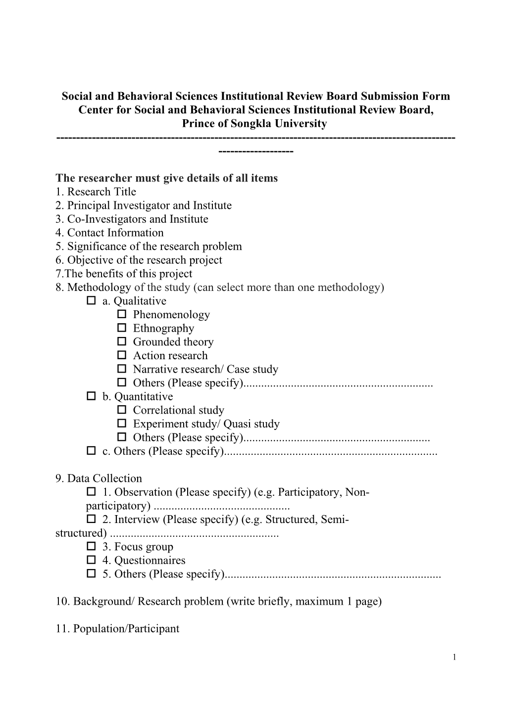 Social and Behavioral Sciencesinstitutional Review Board Submission Form