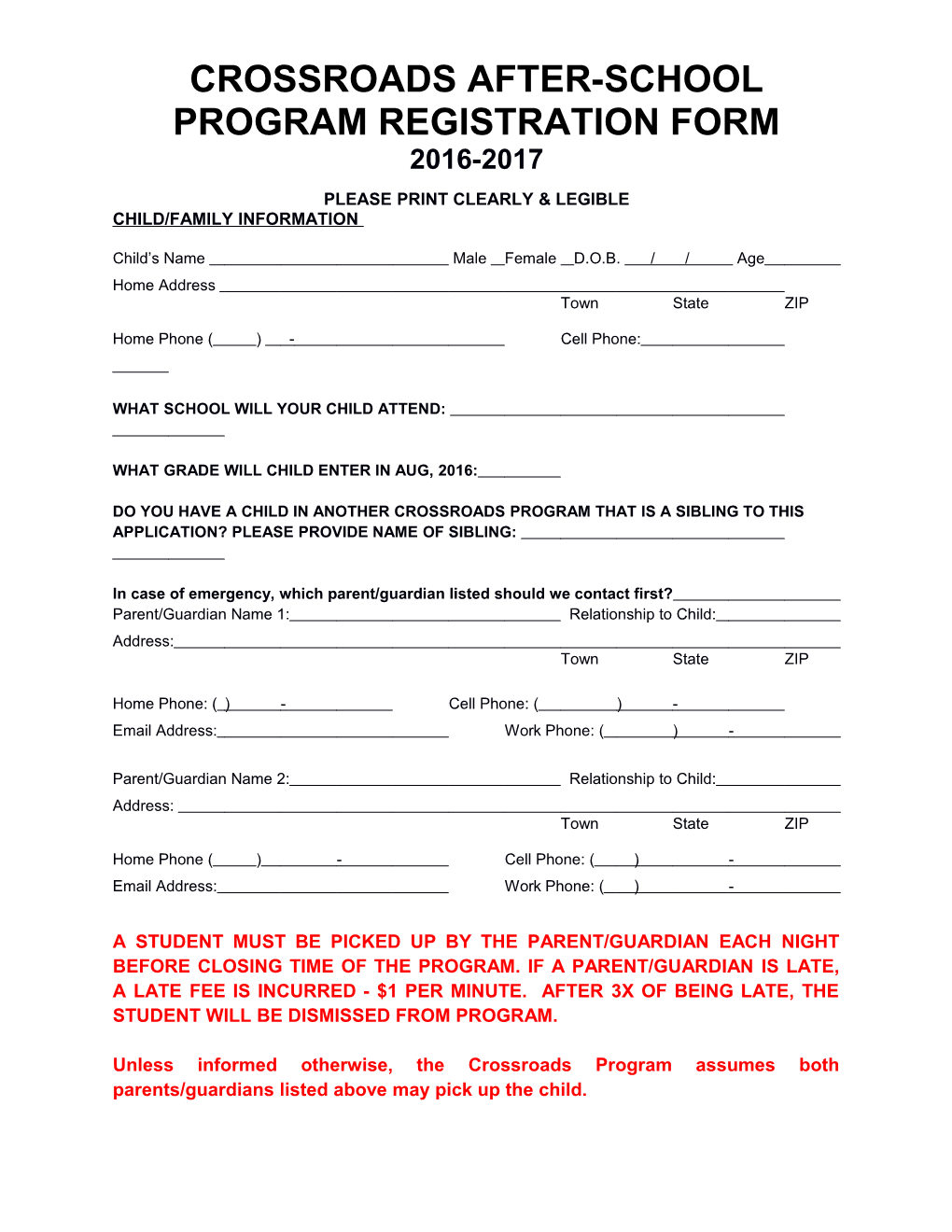 Crossroads After-School Program Registration Form