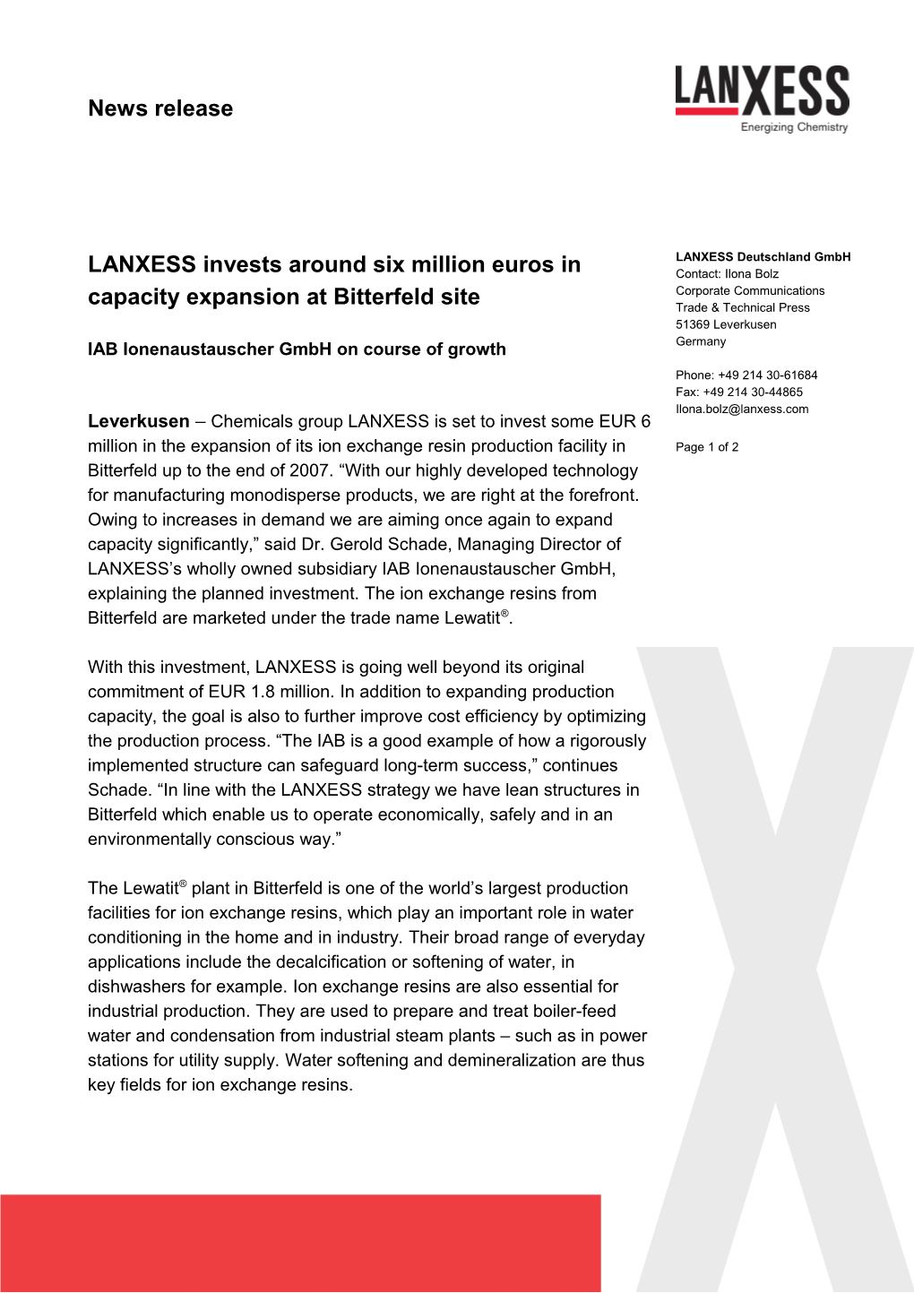 LANXESS Invests Around Six Million Euros in Capacity Expansion at Bitterfeld Site