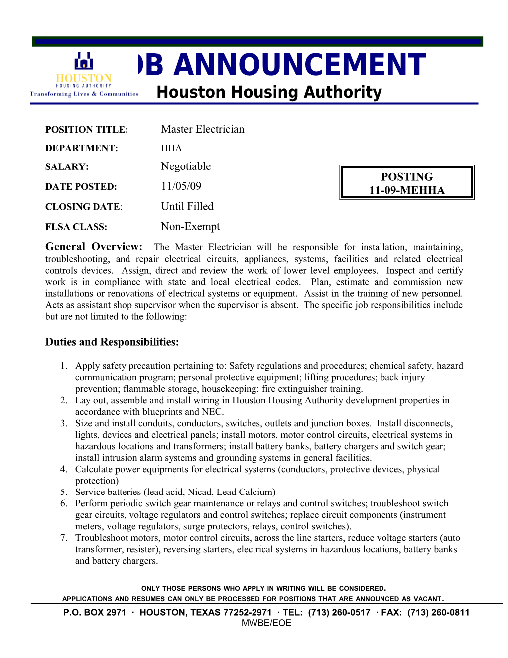 The Housing Authority of the City of Houston Position Description