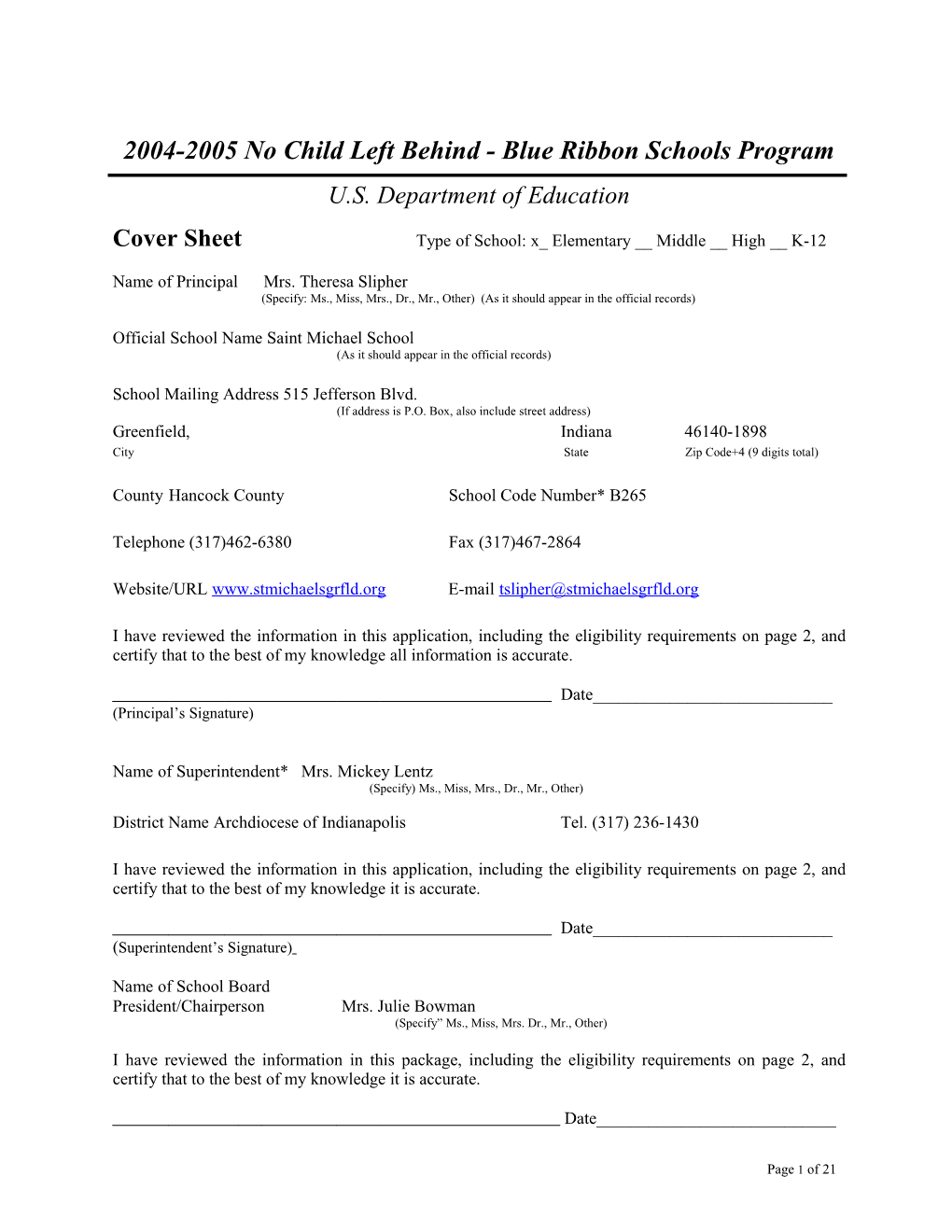 Saint Michael School Application: 2004-2005, No Child Left Behind - Blue Ribbon Schools