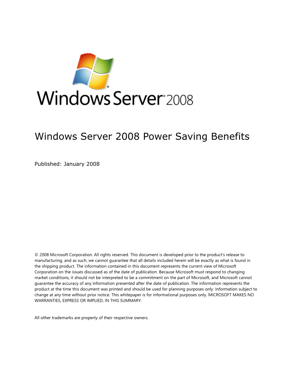 Windows Server 2008 Power Saving Benefits