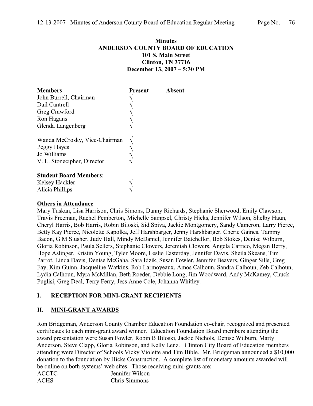 12-13-2007 Minutes of Andersoncounty Board of Education Regular Meeting Page No