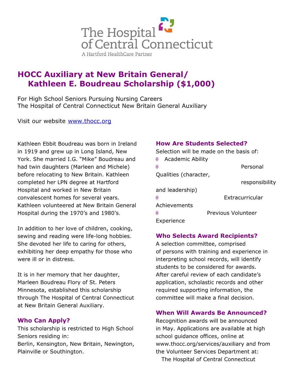 HOCC Auxiliary at New Britain General/Kathleen E. Boudreau Scholarship($1,000)